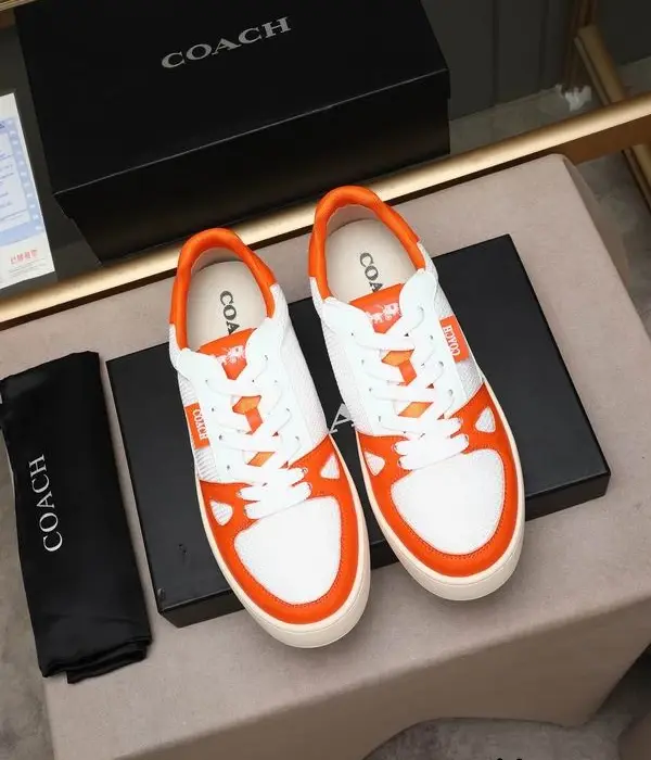 Coach Low Top Sneakers With Bold Orange Leather Overlay