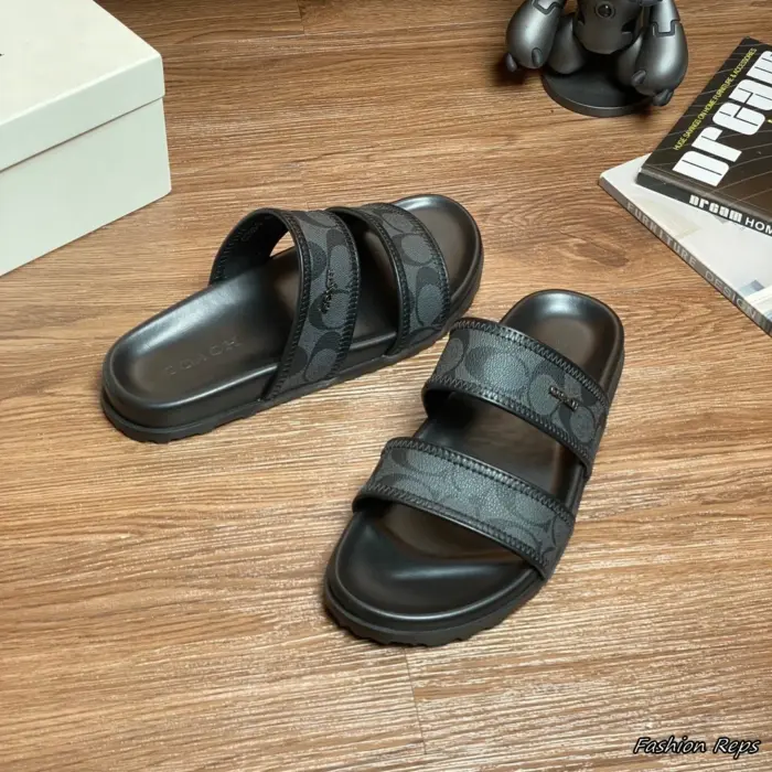 Coach Double Banded Signature Jacquard Sliders In 2 Colors
