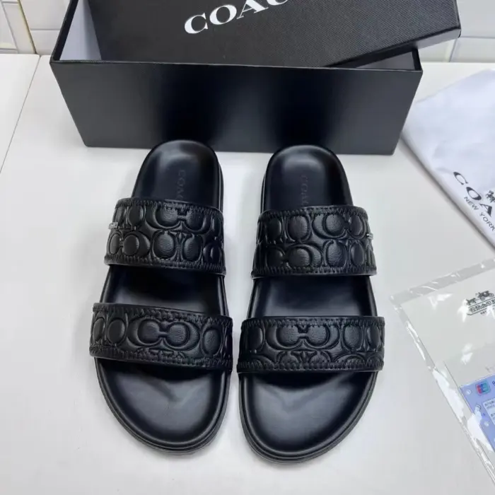 Coach Black Double Strap Debossed Monogram Pattern Sliders