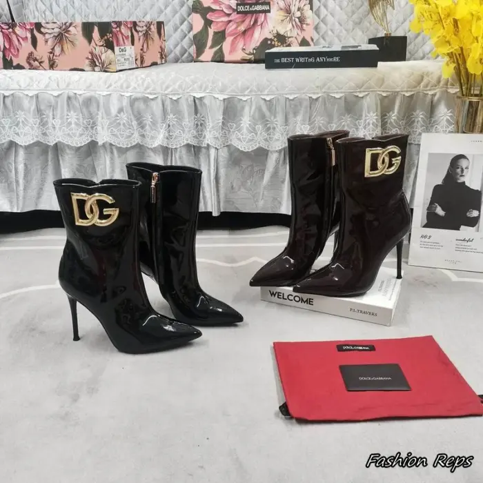 Dolce & Gabbana Patent Ankle Boots With Prominent Gold DG Logo & Sharp Stiletto Heel In 2 Colors