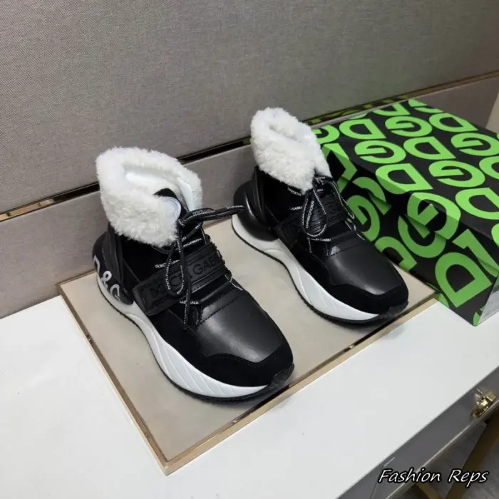 Dolce & Gabbana High Top Trainers With White Faux Fur Collar In Black
