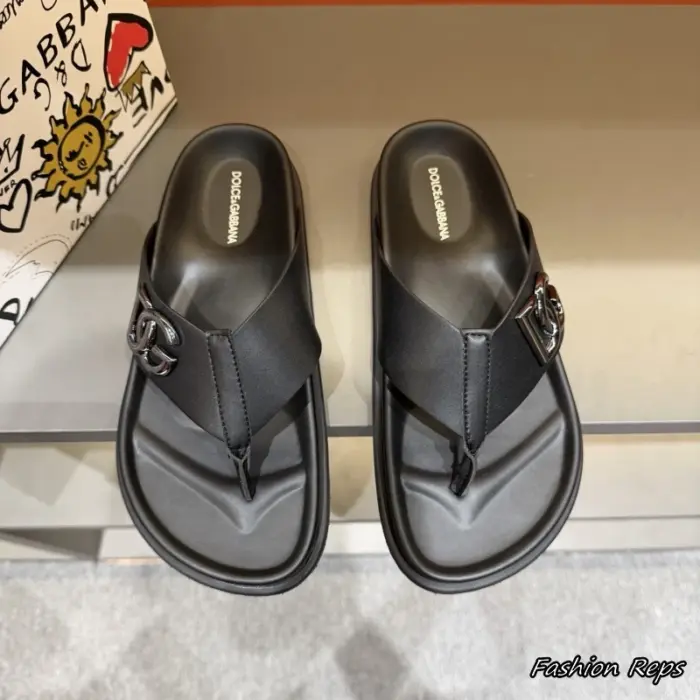 Dolce & Gabbana Black Sliders With Metallic DG Logo Accent On The Strap