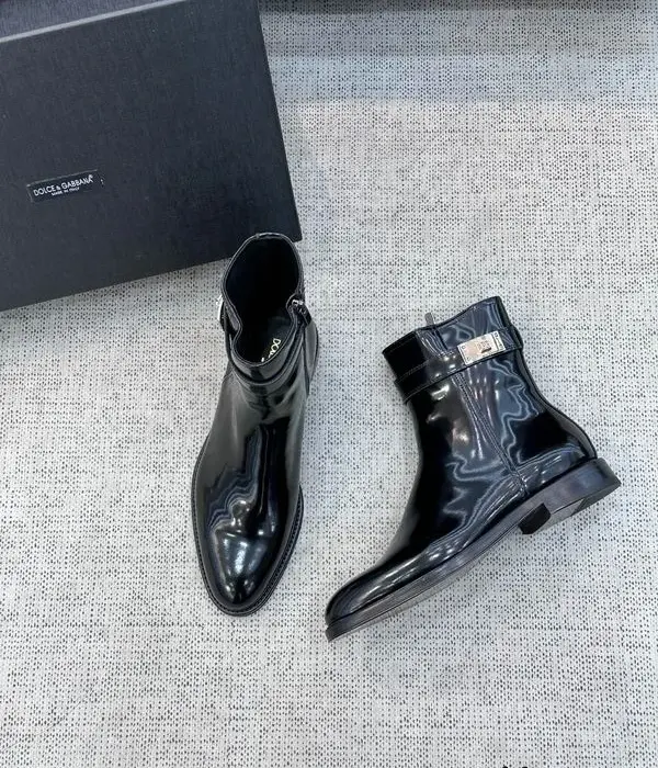 Dolce & Gabbana Patent Ankle Boots With Silver Tone Metallic Buckle Strap