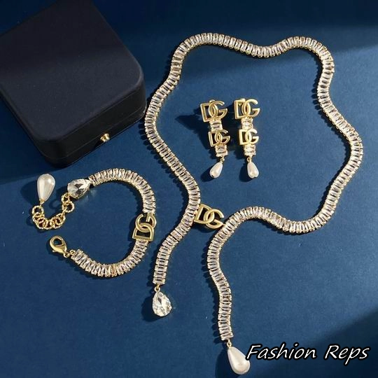 Dolce & Gabbana Crystal Baguette Pearl Drop Necklace & Bracelet & Earrings Set