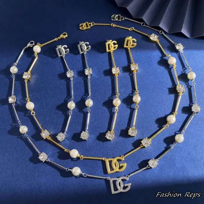 Dolce & Gabbana Bar Link Crystals & Pearls Necklaces & Bracelet Set In 2 Colors