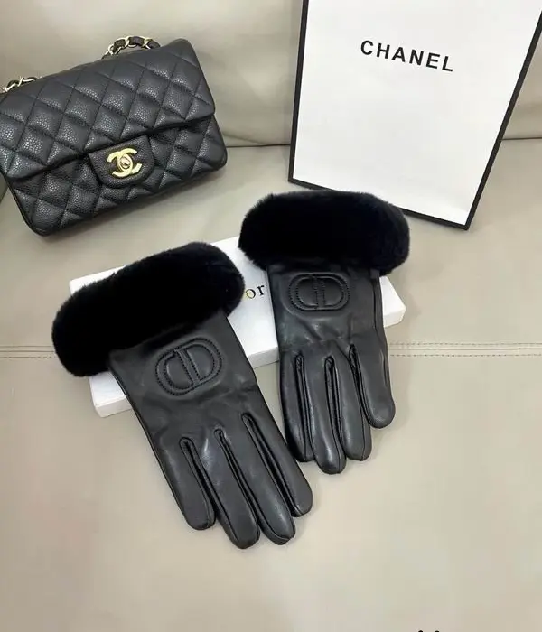 Dior CD Embossed Fur Trimmed Leather Gloves