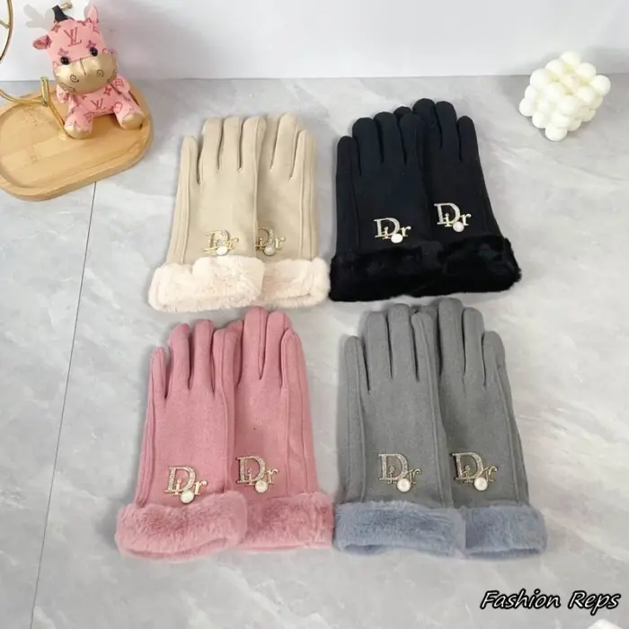 Dior Pearl Lettering Fur Trimmed Gloves In Different Colors