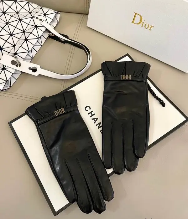 Dior Ruched Cuff Logo Strap Leather Gloves