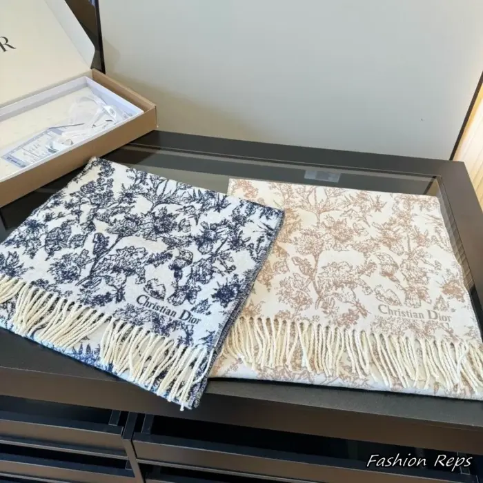 Christian Dior Toile De Jouy Fringed Scarfs In 2 Colors