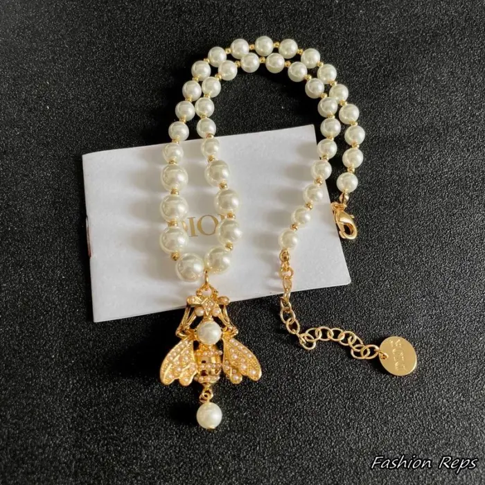 Dior Faux Pearl & Crystal Bee Strand Necklace