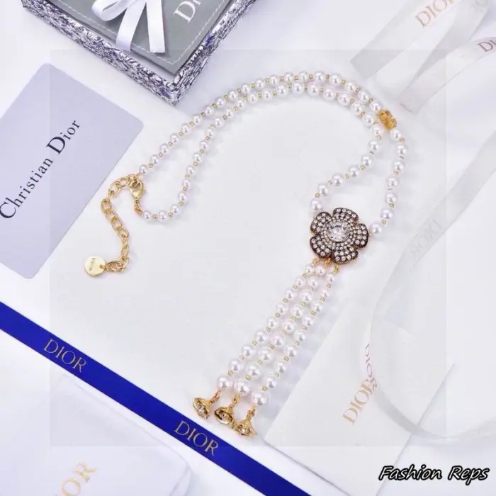 Dior Pearl Flower Tassel Choker Necklace