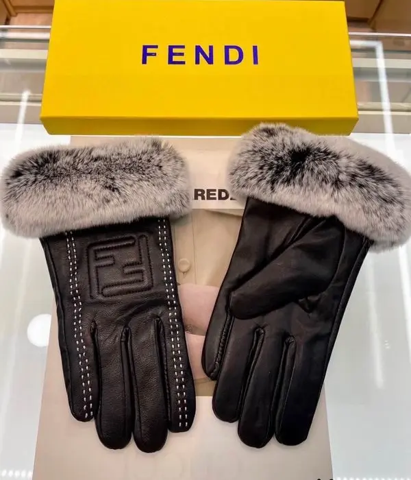 Fendi Selleria FF Embossed Fur Trimmed Gloves