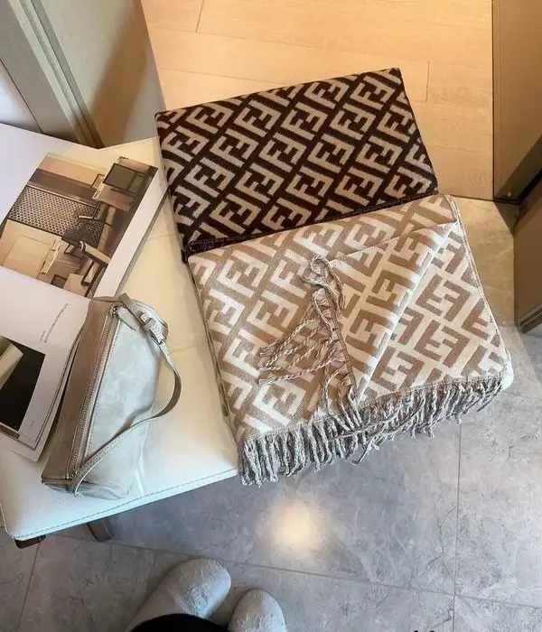 Fendi FF Monogram Pattern Scarfs With Fringed Edges In 2 Colors