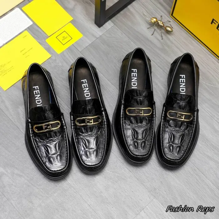 Fendi Crocodile Embossed Loafers With Gold Toned Buckle In 2 Colors