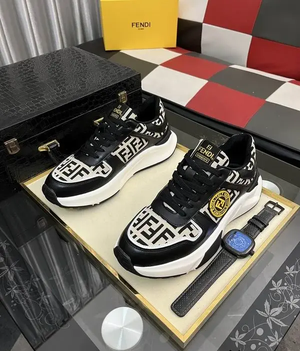 Fendi Chunky Sneakers With Signature FF Logo Pattern & Prominent Circular Badge