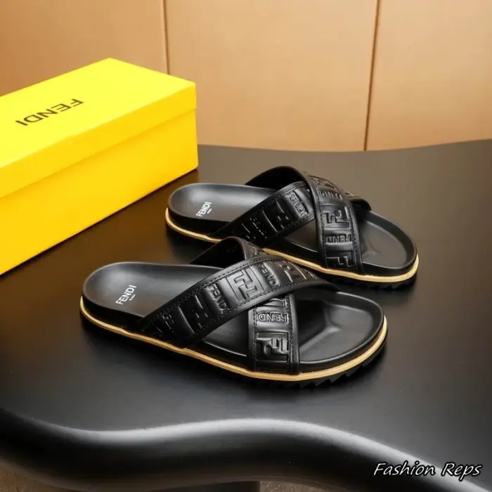 Fendi Crisscross Sliders With Signature Embossed FF Logo Pattern