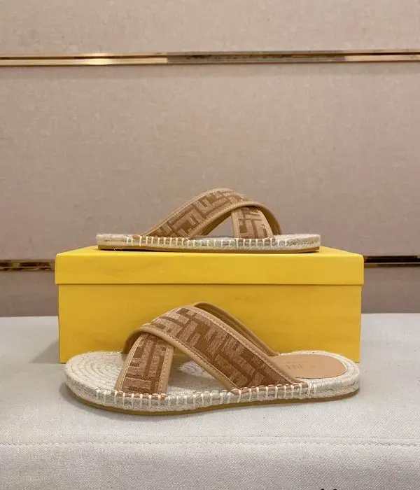 Fendi Brown Monogram Crisscross Espadrille Flat Sliders