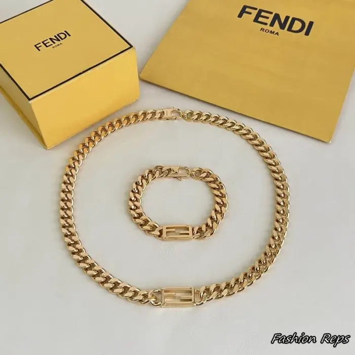 Fendi Baguette Chain Necklace & Bracelet Set In 2 Colors