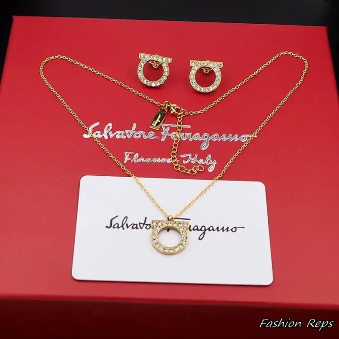 Salvatore Ferragamo Crystal Gancini Pendant Necklace & Earrings Set