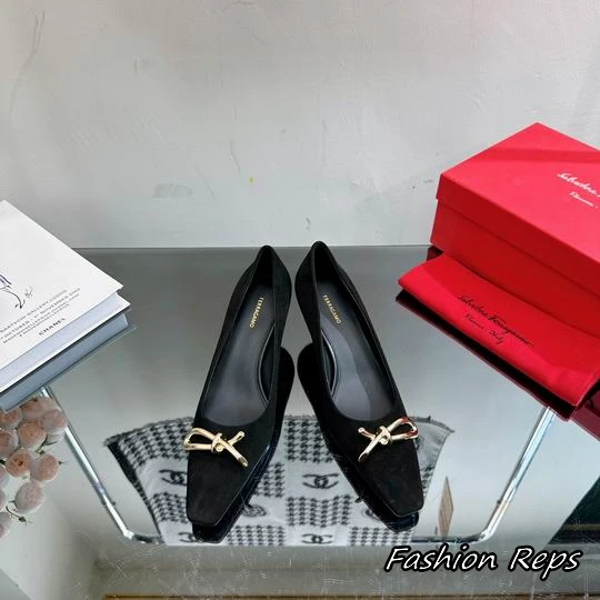 Ferragamo Suede Salvatore Heels With Gold Tone Metal Bow Detail
