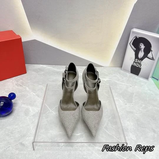 Ferragamo Silver Glitter Pointed Toe High Heels With Double Ankle Straps & Buckles