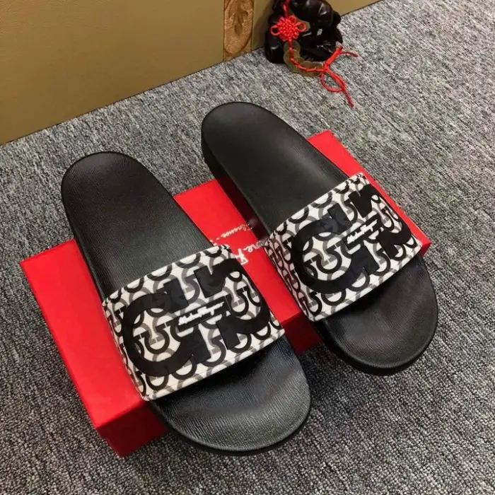 Ferragamo Women's Gancini Sliders With Prominent Black Logo