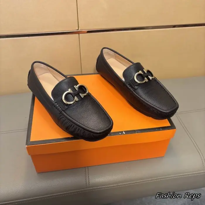 Ferragamo Black Pebbled Loafers With Signature Silver Tone Gancini Bit