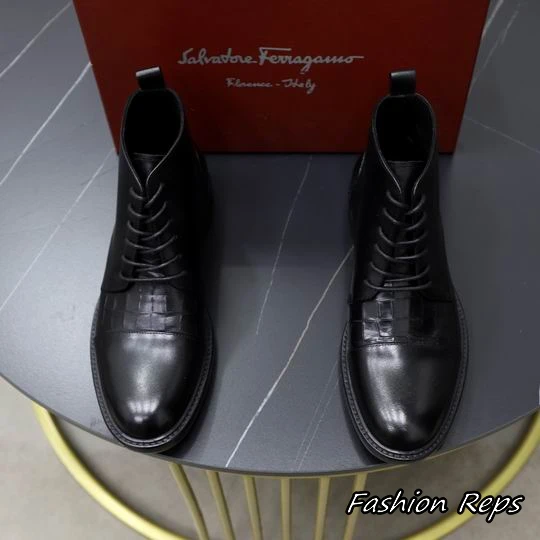 Ferragamo Men's Lace Up Boots With Crocodile Embossed Texture In 2 Colors