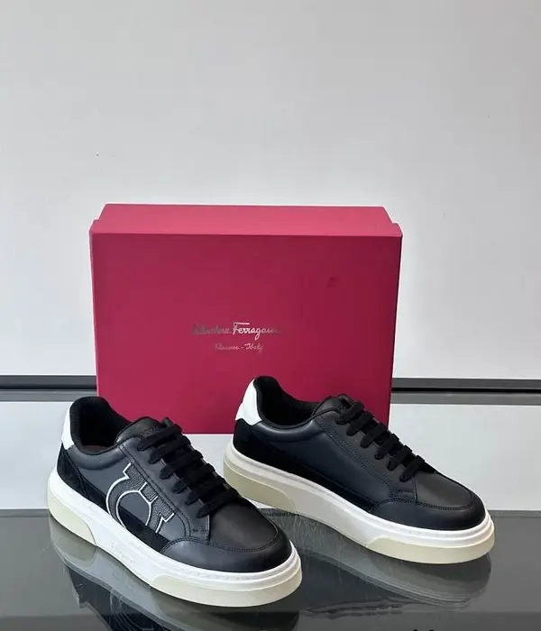 Ferragamo Low Top Sneakers With Prominent White Outline Gancini Logo