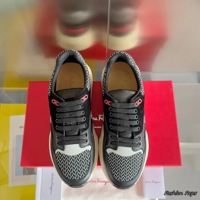 Ferragamo Cosma Low Top Sneakers With Mixed Material Design In Different Colors