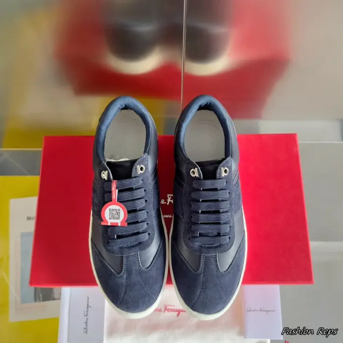 Ferragamo Low Top Sneakers With Mixed Material Design In Different Colors