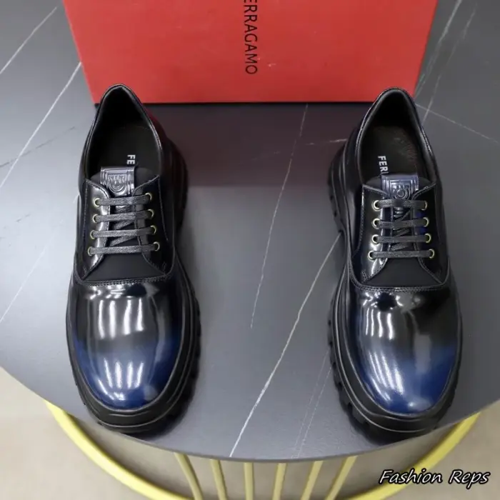Ferragamo Blue Gradient Patent Leather Dress Shoes With Classic Lace Up Detailing