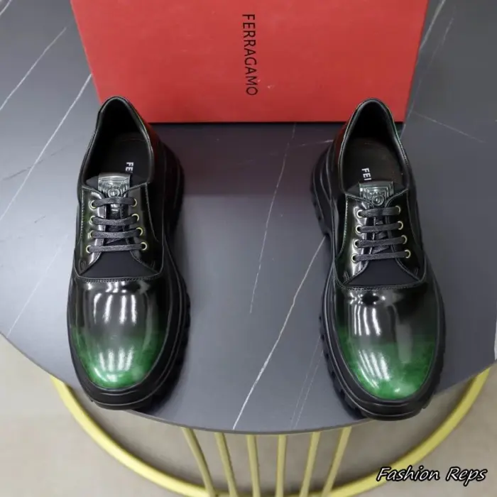 Ferragamo Glossy Derby Shoes With Striking Green Gradient Toe