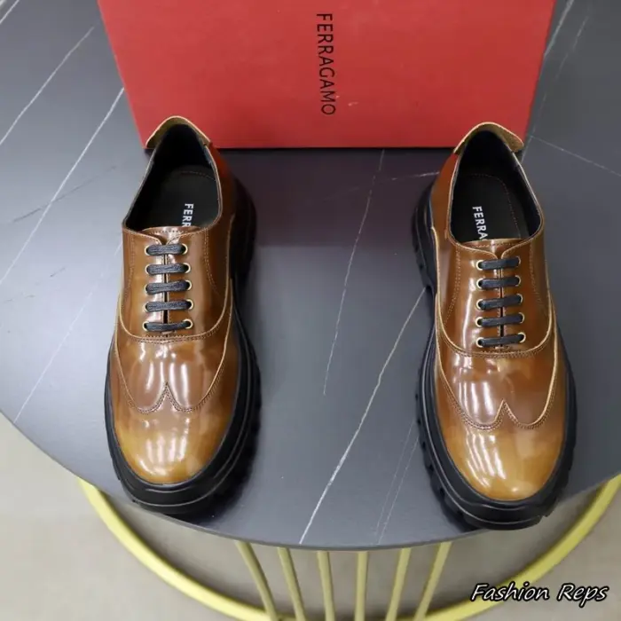 Ferragamo Brown Polished Leather Wingtip Dress Shoes