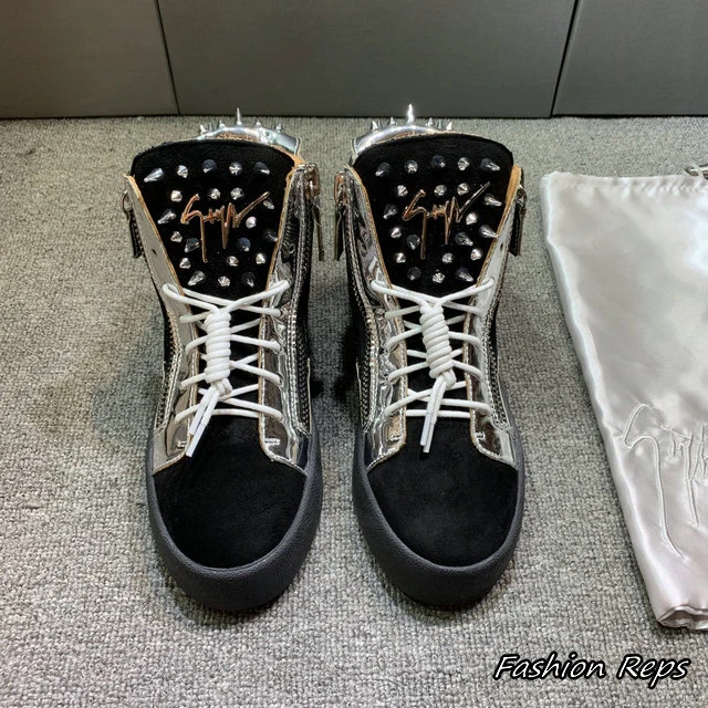 Giuseppe Zanotti High Top Sneakers With Silver Mirror Finish & Studded