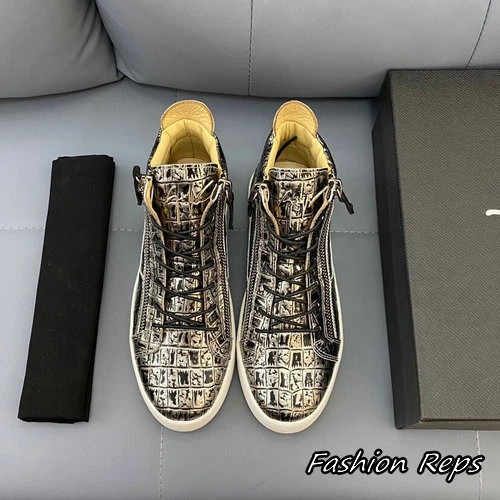 Giuseppe Zanotti Crocodile Embossed Mid Top Sneakers With Metallic Finish In 2 Colors