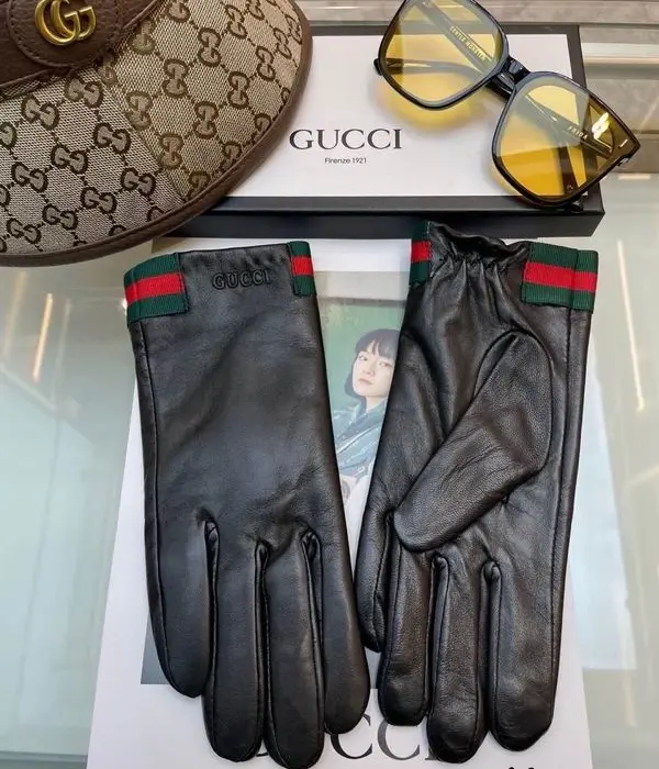 Gucci Web Stripe Debossed Leather Gloves