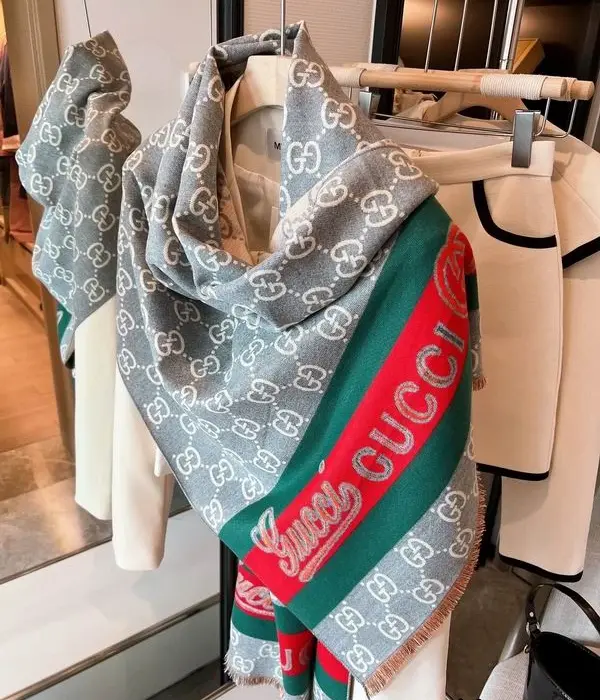 Gucci GG Monogram Scarf With Bold Red & Green Web Stripe In Multiple Colors