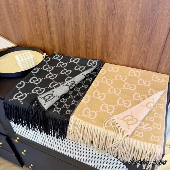 Gucci GG Monogram Fringed Jacquard Scarf In 2 Colors