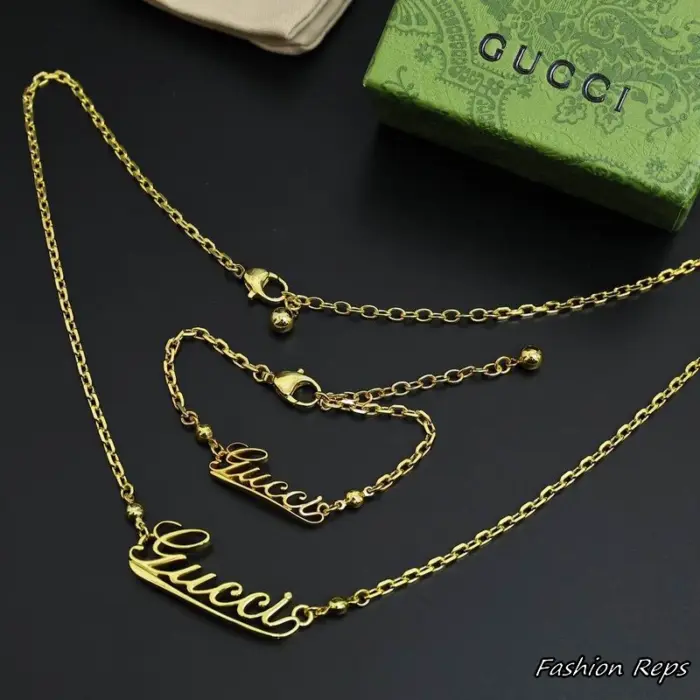 Gucci Script Logo Pendant Necklace & Bracelet Set