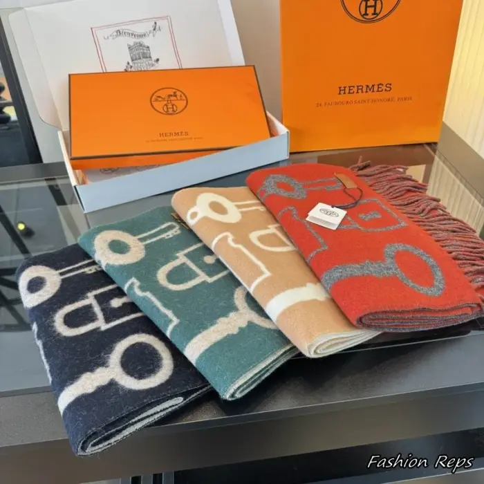 Hermès Cashmere Scarfs With Key & Padlock Motif In Multiple Colors