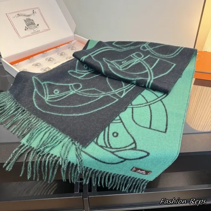 Hermes Fringed Jacquard Woven Two Tone Scarf