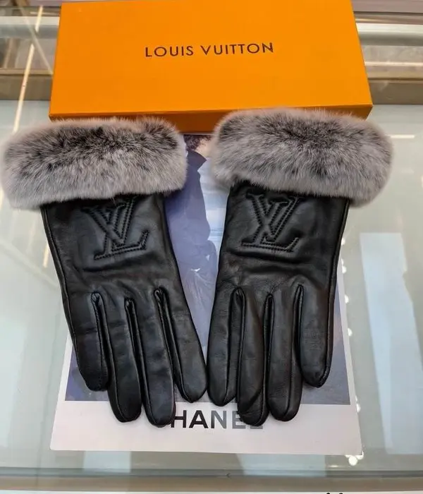 Louis Vuitton Fur Trim Embossed Leather Gloves