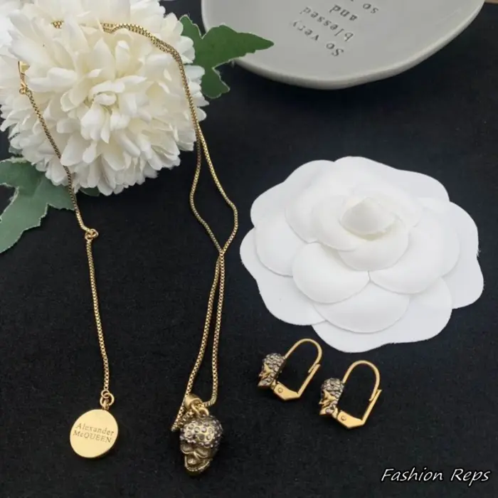 Alexander McQueen Pave Skull Necklace & Earrings Set
