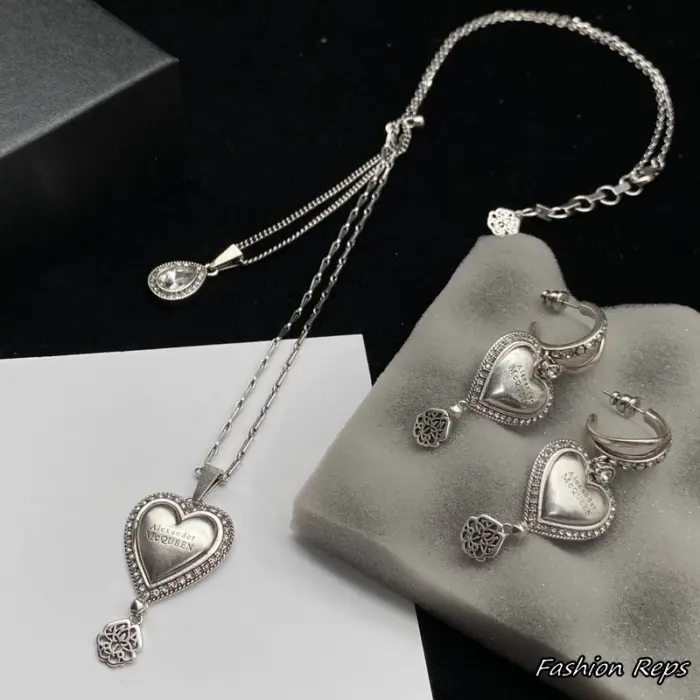 Alexander McQueen Engraved Heart Locket Necklace & Earrings Set