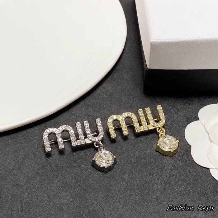 Miu Miu Crystal Embellished Logo Brooch In 2 Colors