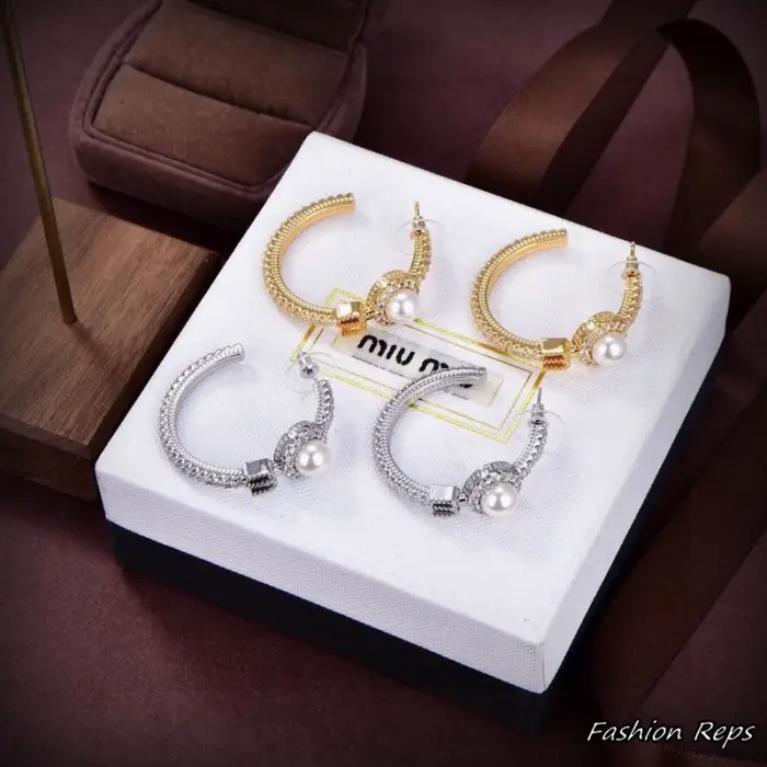 Miu Miu Crystal Pearl Charm Hoop Earrings In 2 Colors