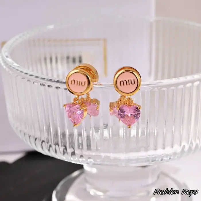 Miu Miu Round Enamel Logo Pink Crystal Heart Drop Earrings