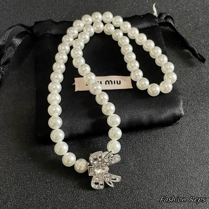 Miu Miu Crystal Embellished Faux Pearl Necklace