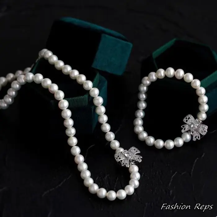Miu Miu Crystal Embellished Faux Pearl Necklace & Bracelet Set